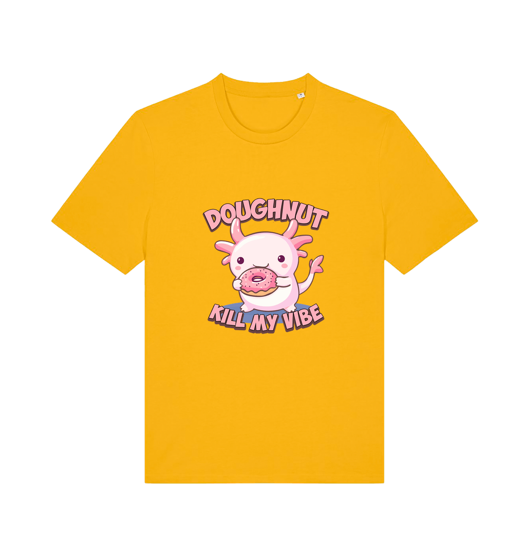 yellow kawaii t-shirt with the graphic of an axolotl holding a doughnut and the slogan 'doughnut kill my vibe'