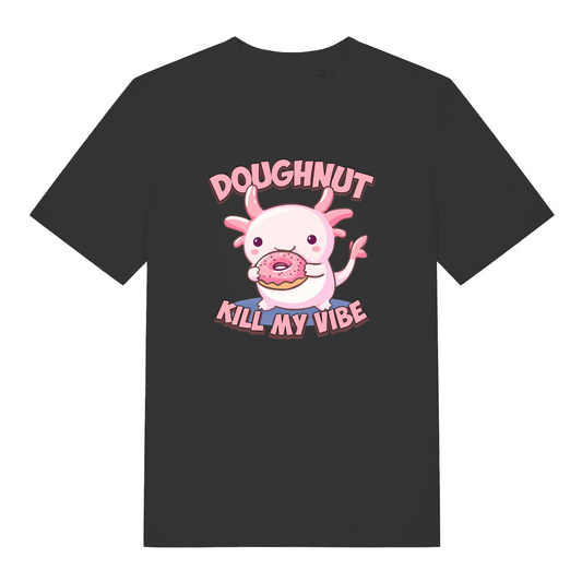 Black kawaii t-shirt with a cartoon axolotl holding a doughnut and the slogan 'doughnut kill my vibe'