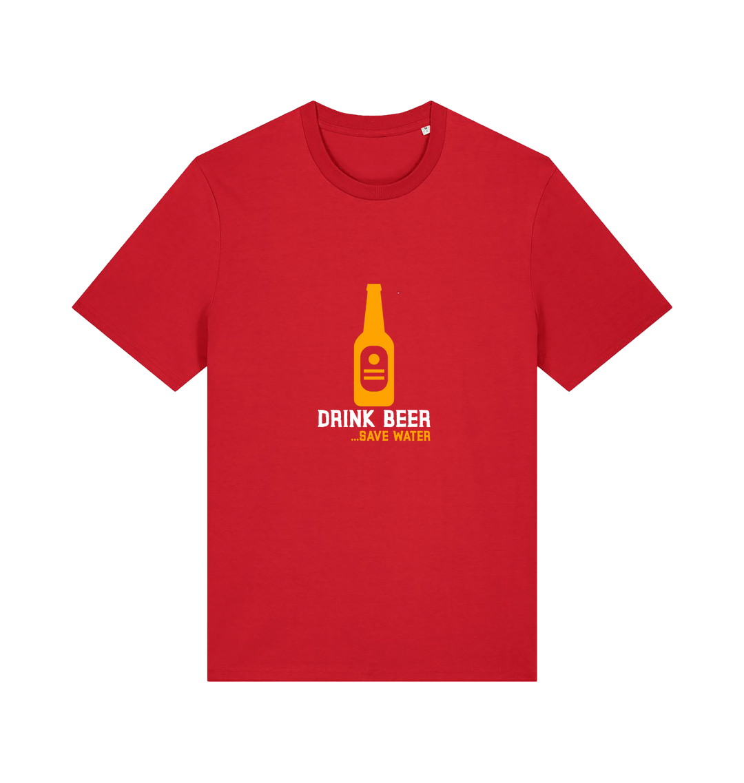 red graphic t-shirt with a yellow beer bottle graphic and the slogan 'drink beer save water'