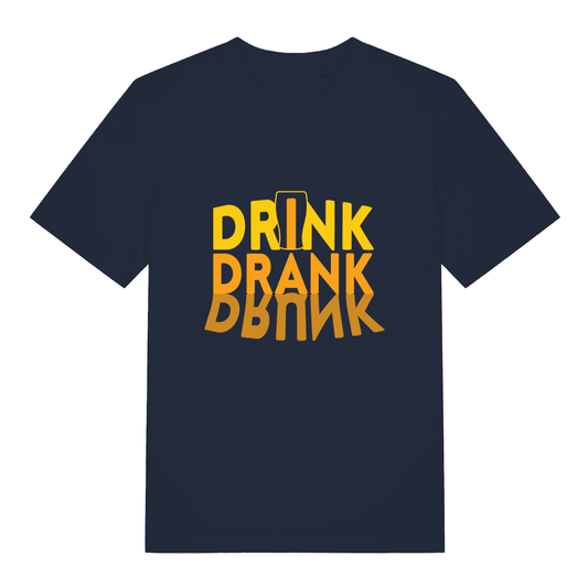 French Navy Drink Drank Drunk T-shirt flat lay featuring bold "Drink Drank Drunk" pub design