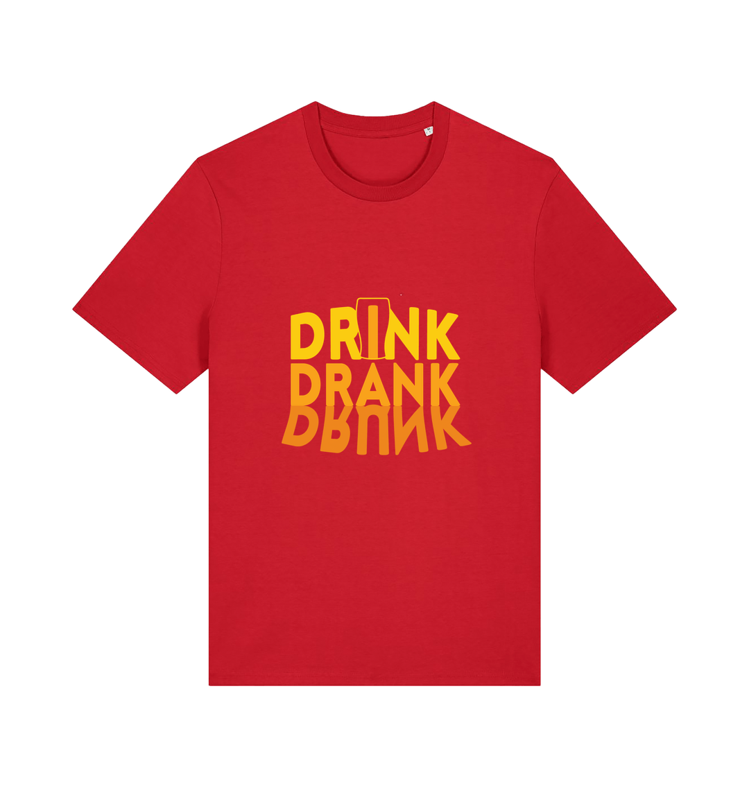 red slogan t-shirt with orange writing saying 'drink drank drunk'