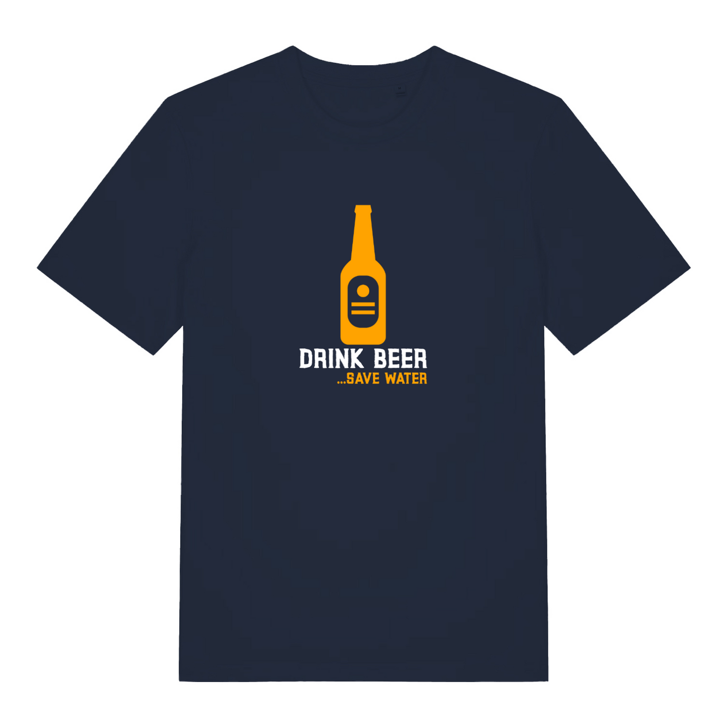 navy graphic t-shirt with the graphic of a beer bottle and the slogan 'drink beer, save water'