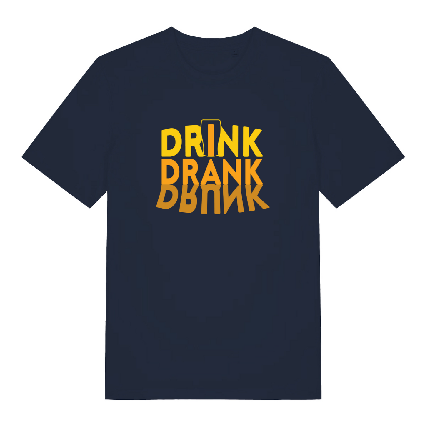 navy slogan t-shirt with the text 'drink drank drunk'