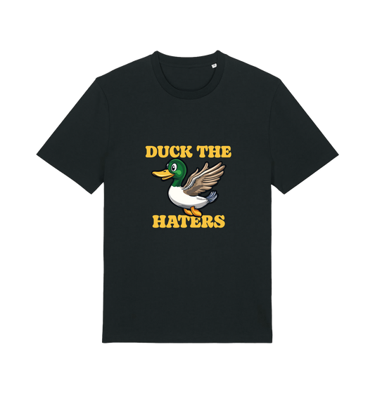 black funny offensive t-shirt with the graphic of a flying duck and the slogan 'duck the haters'