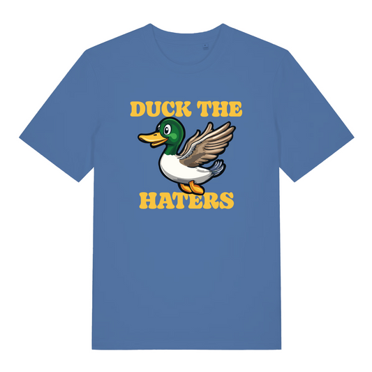blue women's funny animal t-shirt with a duck design and the slogan 'duck the haters'