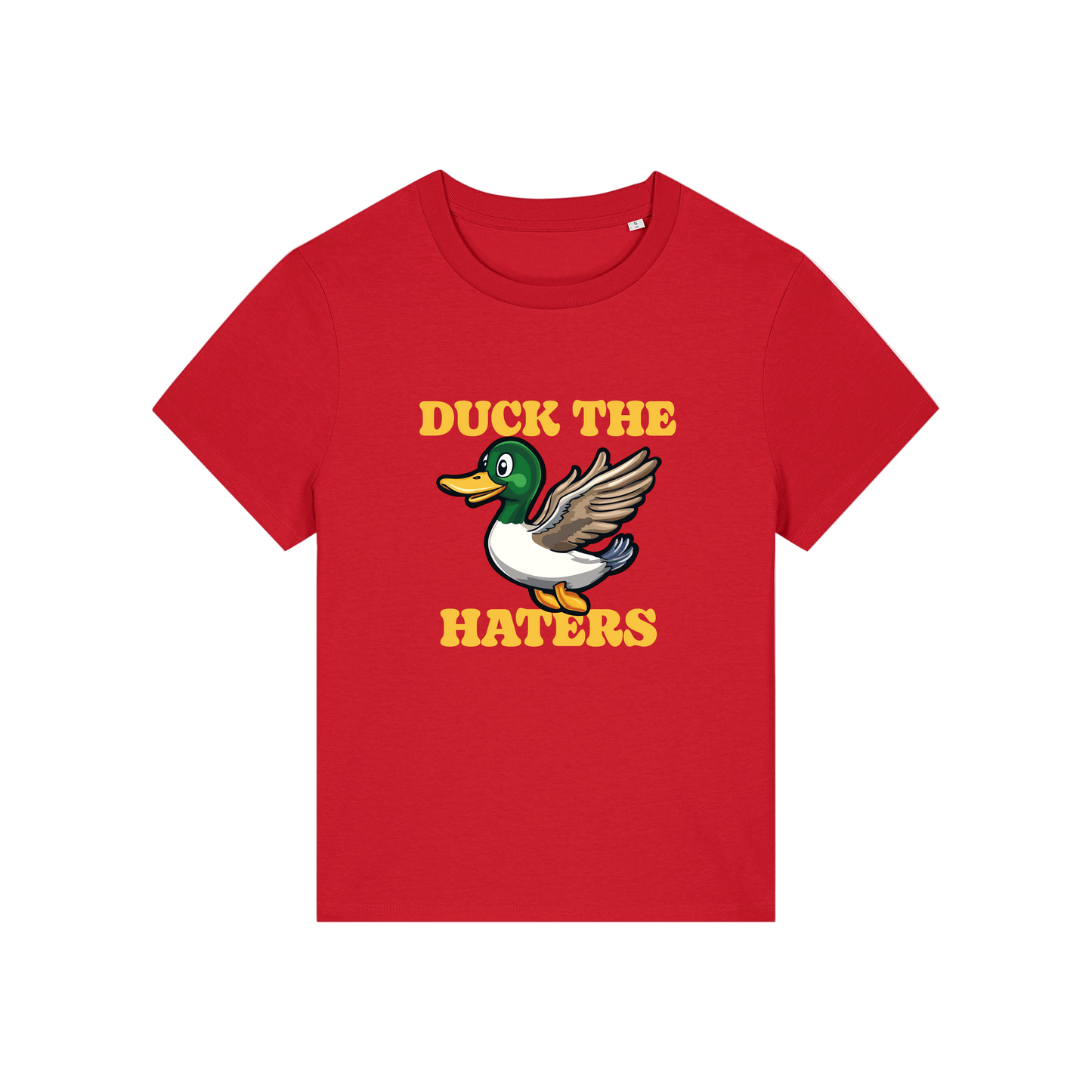 red funny animal t-shirt with the graphic of a duck and the slogan 'duck the haters'
