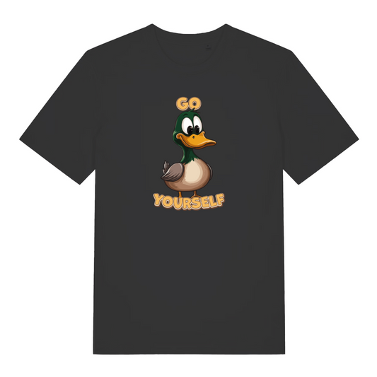 black women's funny offensive t-shirt with the graphic of a duck and the words 'go yourself'