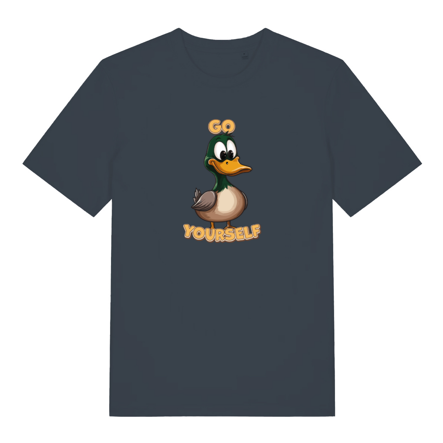 ink grey funny offensive t-shirt with the graphic of a duck and the words 'go yourself'