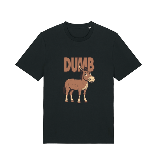 Black funny offensive t-shirt with a cartoon donkey and the slogan 'DUMB'