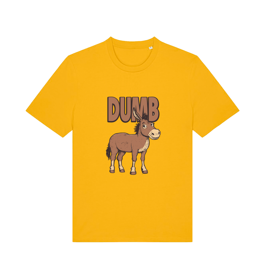 yellow funny offensive t-shirt with a cartoon donkey and the slogan 'DUMB'