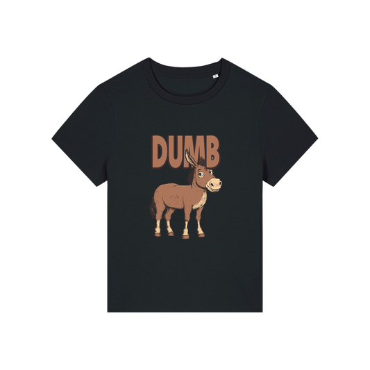 black funny animal t-shirt with the graphic of a cartoon donkey and the word 'dumb'