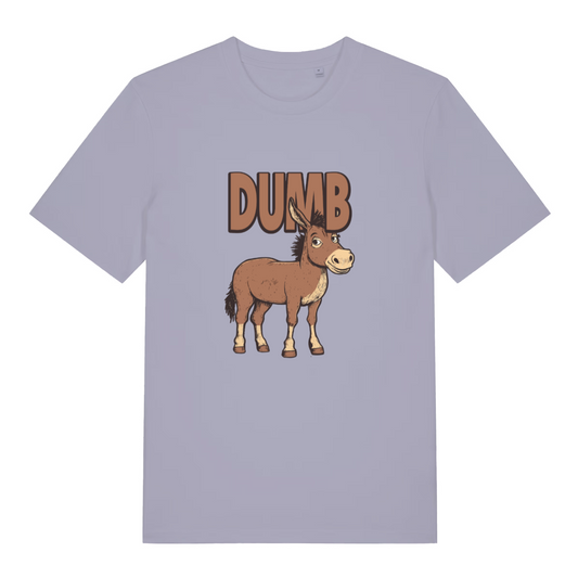 lavender women's funny animal t-shirt with the graphic of a cartoon donkey and the word 'dumb' above it