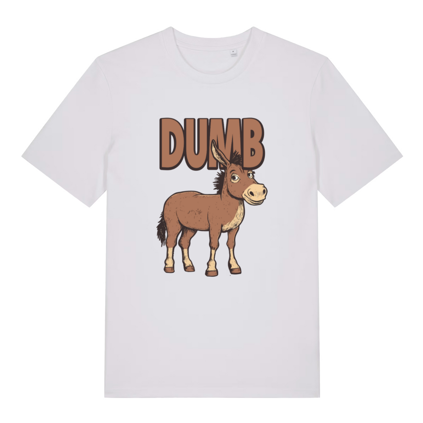 white funny offensive t-shirt with the graphic of a donkey and the word 'dumb'