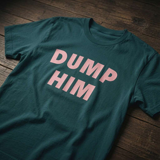 Stargazer Dump Him t-shirt on wood with bold pink text, ladies funny Y2K slogan