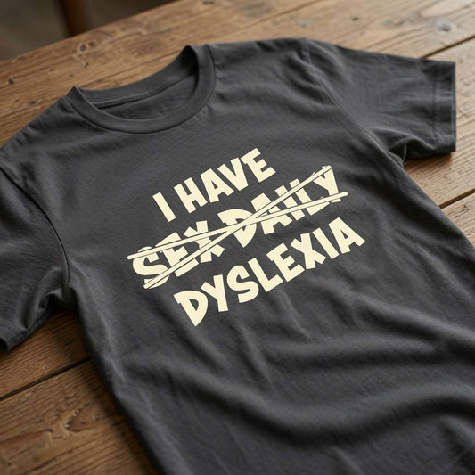 Black I Have Sex Daily Dyslexia t-shirt on wood with crossed-out text, witty fun cheeky slogan