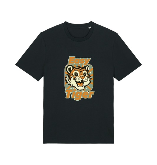black animal t-shirt with the graphic of a cartoon tiger and the slogan 'easy tiger'