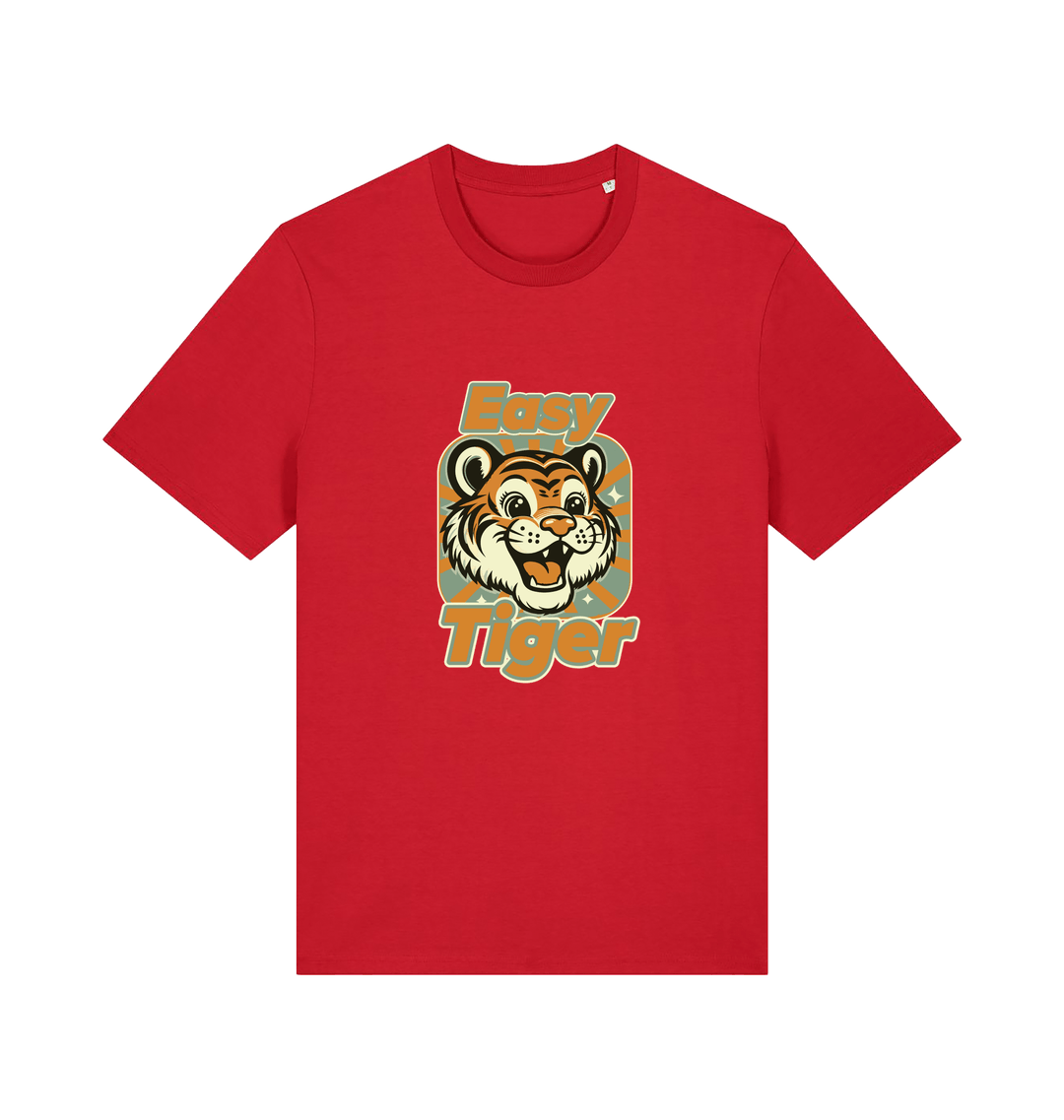 red animal t-shirt with the graphic of a cartoon tiger and the slogan 'easy tiger