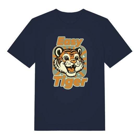navy women's graphic t-shirt with a tiger design and the slogan 'easy tiger'