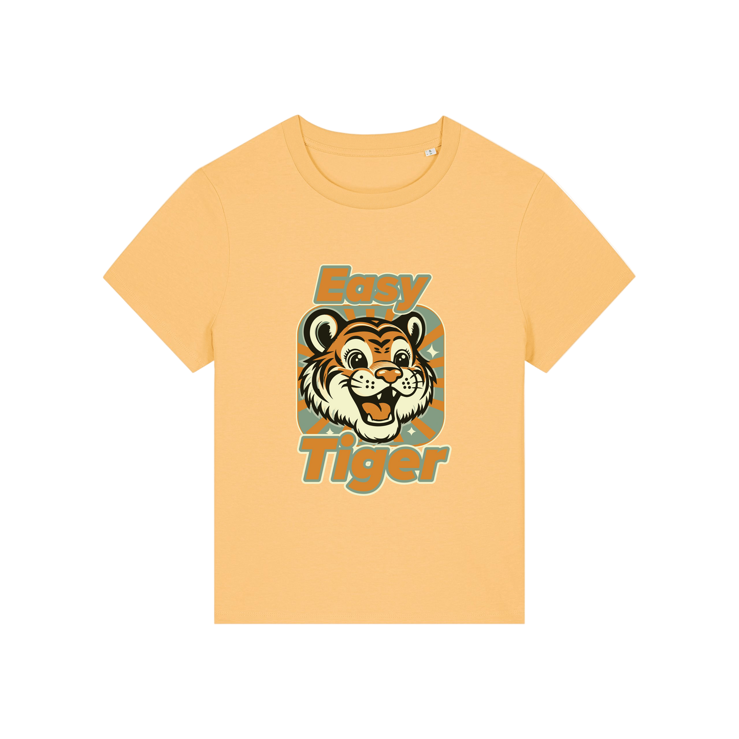 yellow animal t-shirt with the graphic of a tiger and the slogan 'easy tiger'