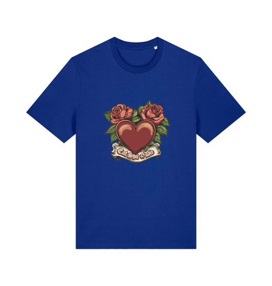 blue offensive t-shirt with a heart and roses graphic and the slogan 'eat shit and die'