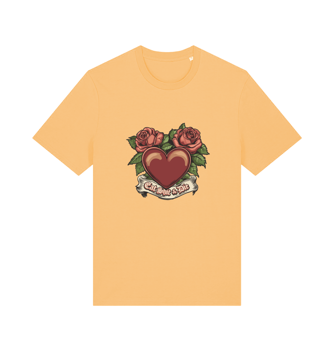 yellow offensive t-shirt with a heart and roses graphic and the slogan 'eat shit and die'