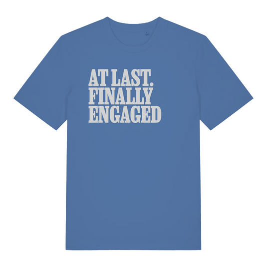 blue women's matching t-shirt with the slogan 'at last finally engaged'