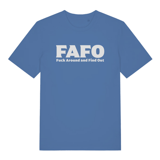 blue women's gen x t-shirt with the slogan 'fafo fuck around and find out'