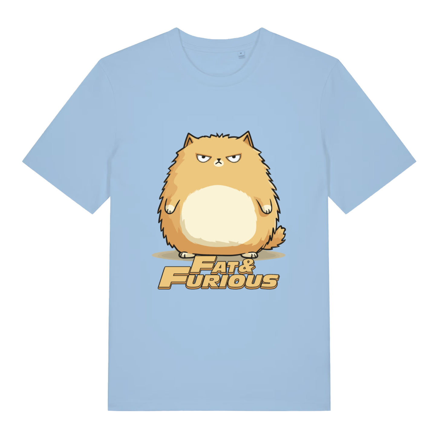 Light Blue women's Fat & Furious T-shirt flat lay with funny fat cat "Fat & Furious" slogan