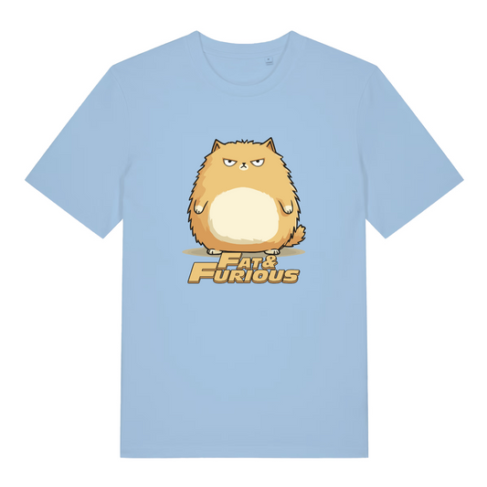 light blue women's funny animal t-shirt with the graphic of a fat ginger cat and the slogan 'fat and furious'