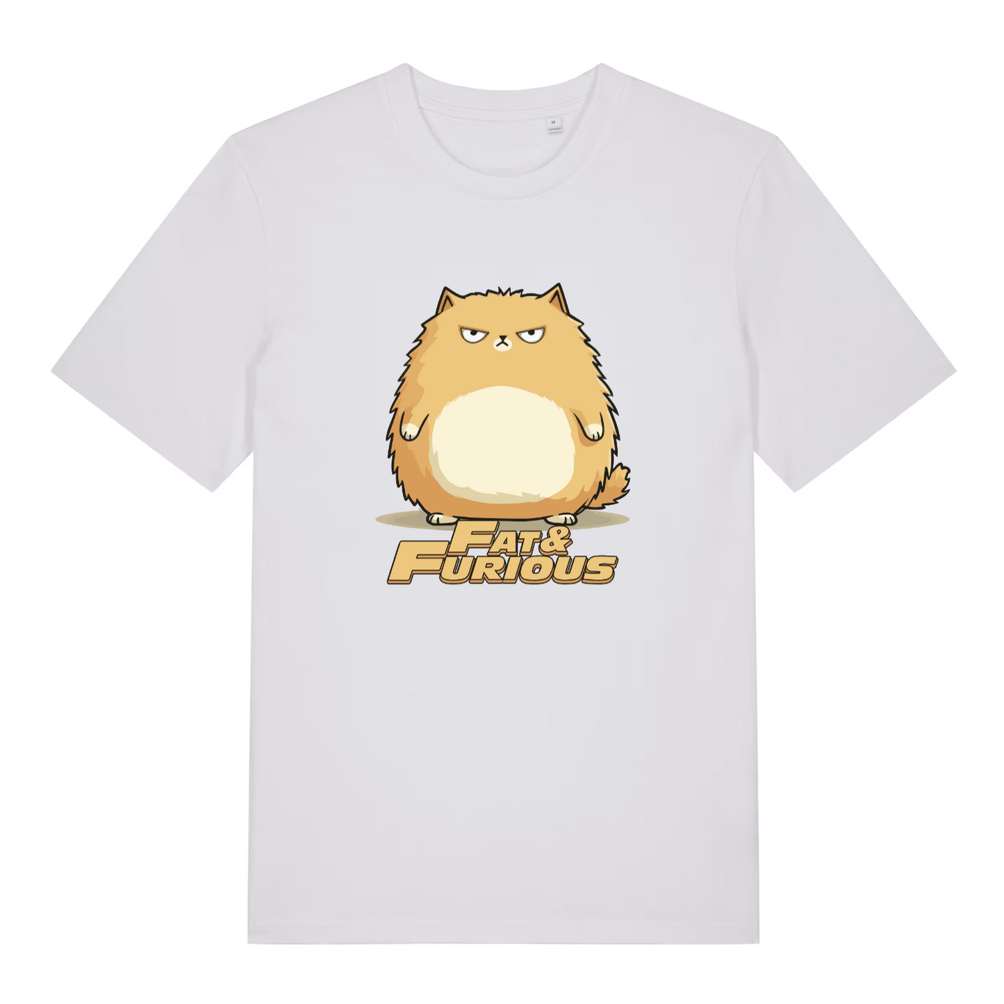 white women's funny animal t-shirt with the graphic of a fat ginger cat and the slogan 'fat and furious'