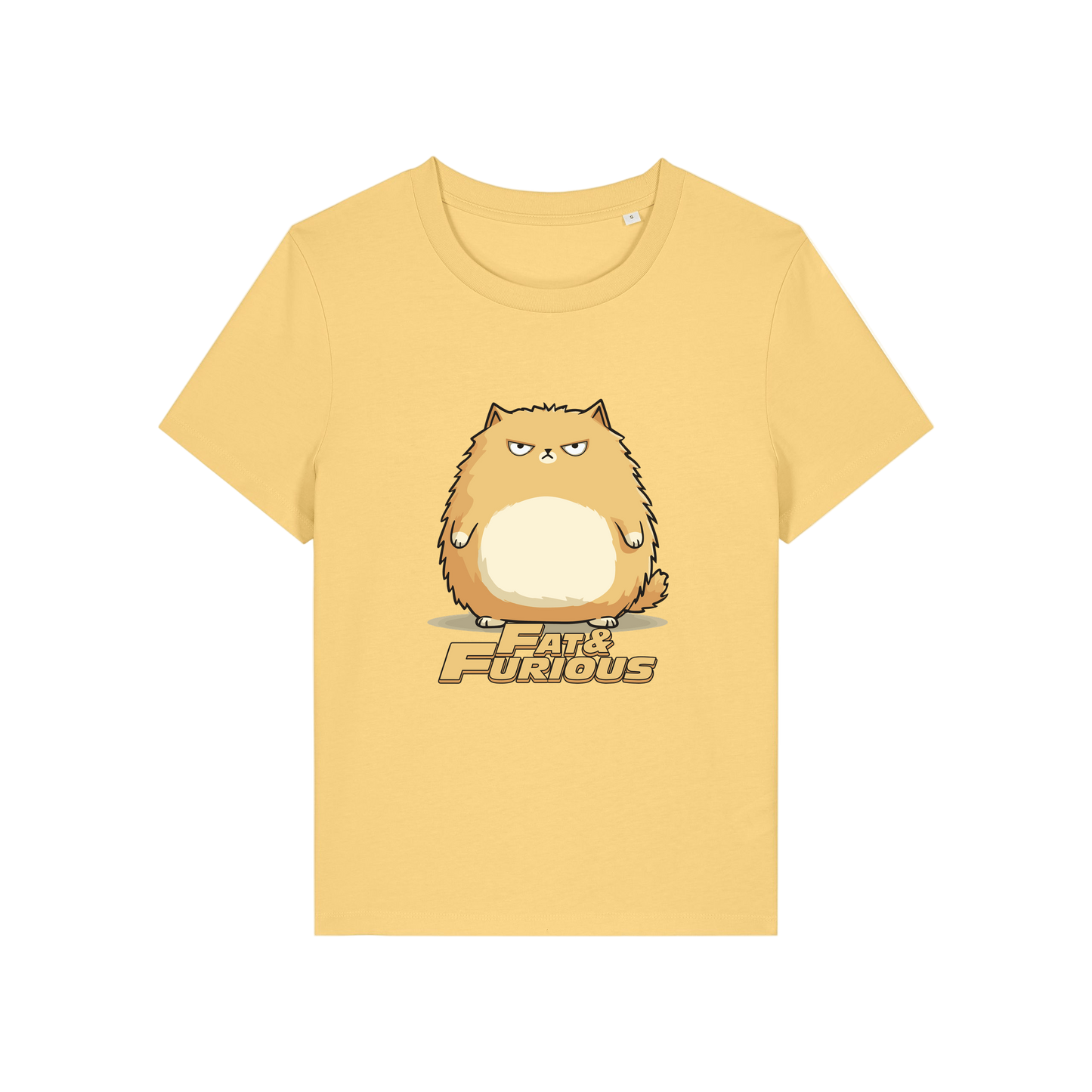yellow funny animal t-shirt with the graphic of a cartoon cat and the slogan 'fat and furious'