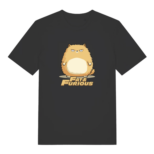 black cat t-shirt with the graphic of a fat cat and the slogan 'fat and furious'