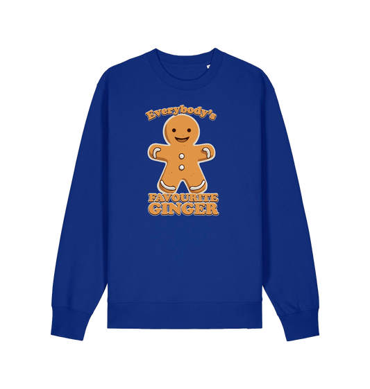 blue christmas sweater with the graphic of a gingerbread man and the slogan 'everybody's favourite ginger'