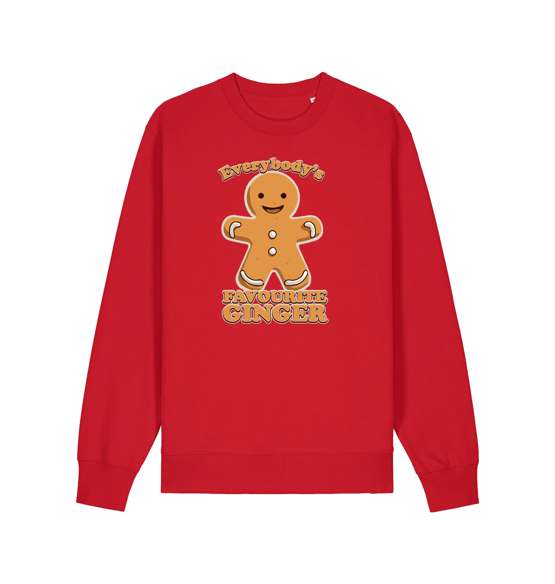 red christmas sweater with the graphic of a gingerbread man and the slogan 'everybody's favourite ginger'