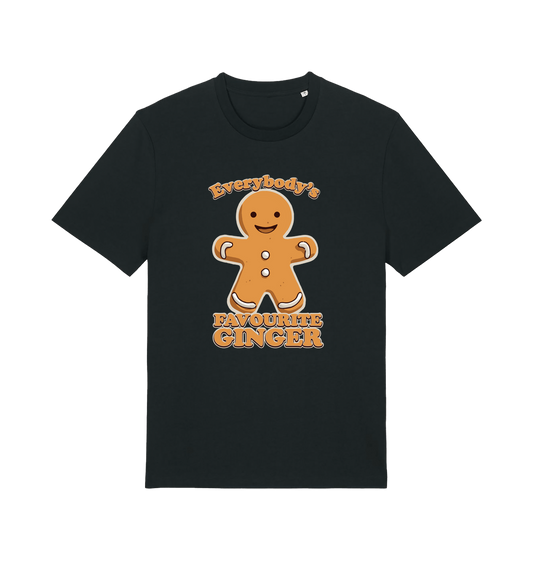 black christmas t-shirt with the graphic of a gingerbread man and the slogan 'everybodys favourite ginger'