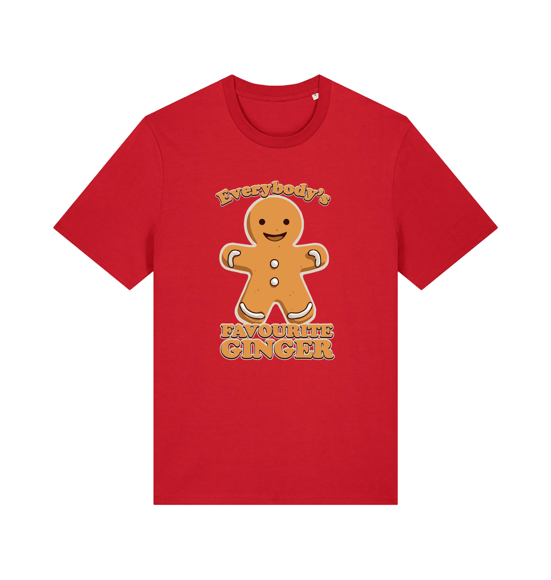 red christmas t-shirt with the graphic of a gingerbread man and the slogan 'everybodys favourite ginger'