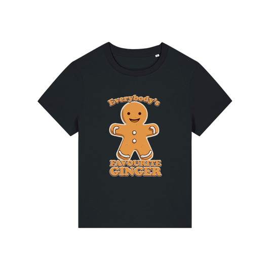 black christmas graphic t-shirt with a gingerbread man and the slogan 'everybody's favourite ginger'