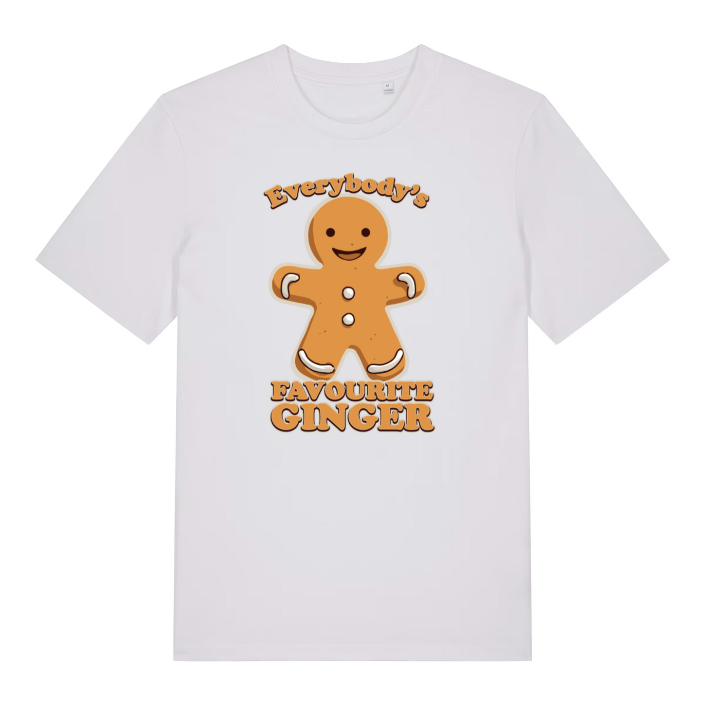 white women's christmast-shirt with the graphic of a gingerbread man and the slogan 'everybody's favourite ginger'