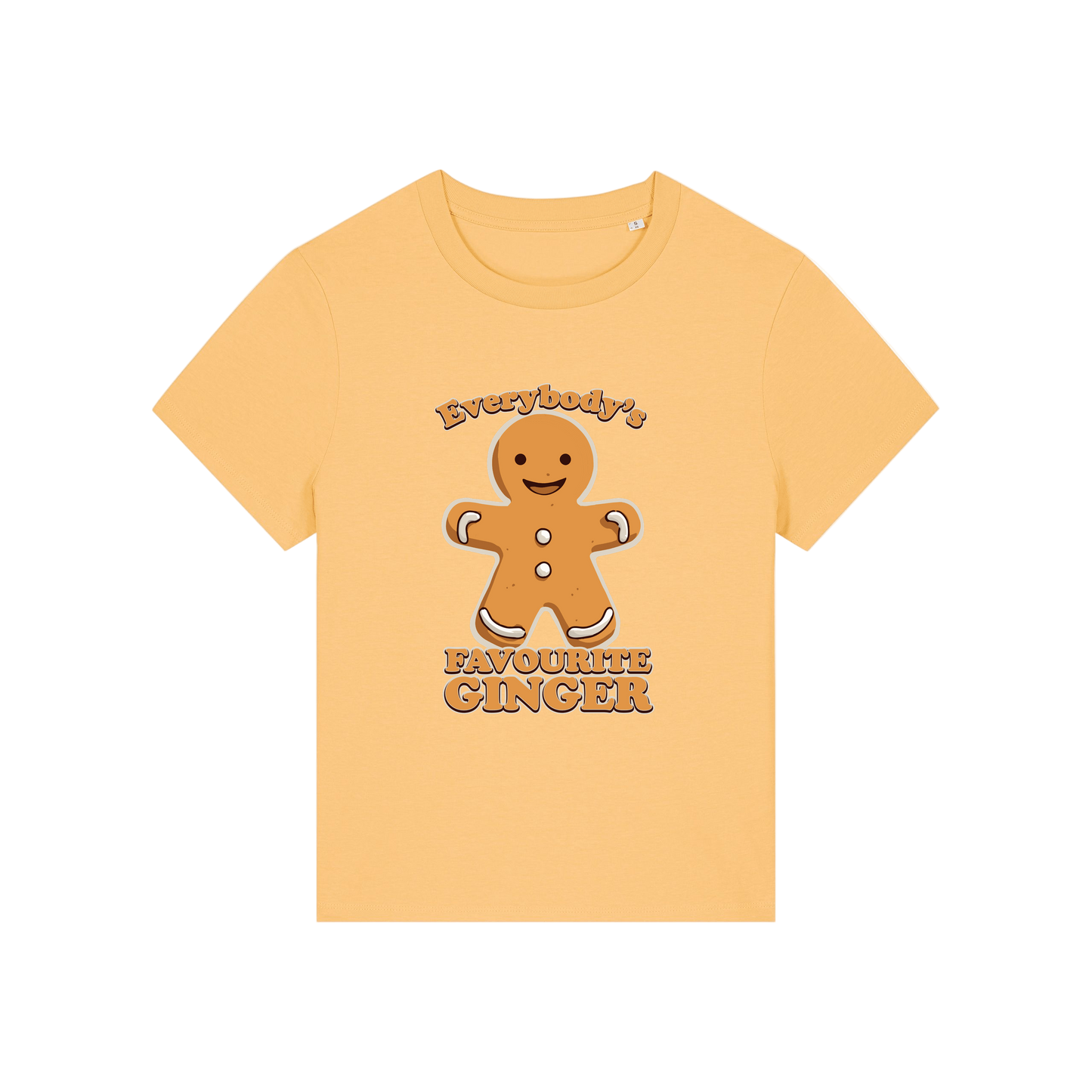 yellow christmas graphic t-shirt with a gingerbread man and the slogan 'everybody's favourite ginger'