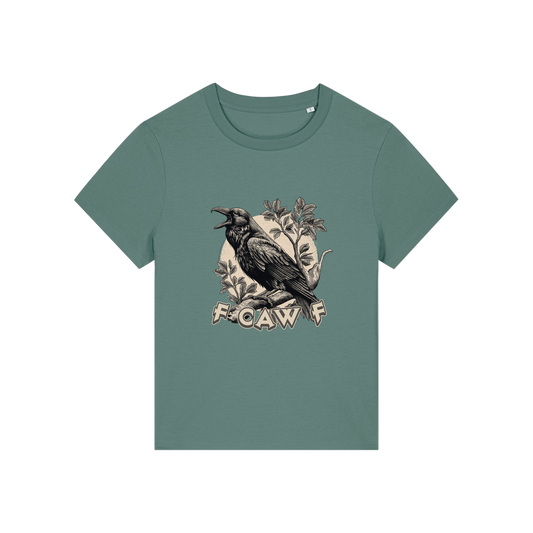 green funny animal t-shirt with the graphic of a crow and the slogan 'fcawf'