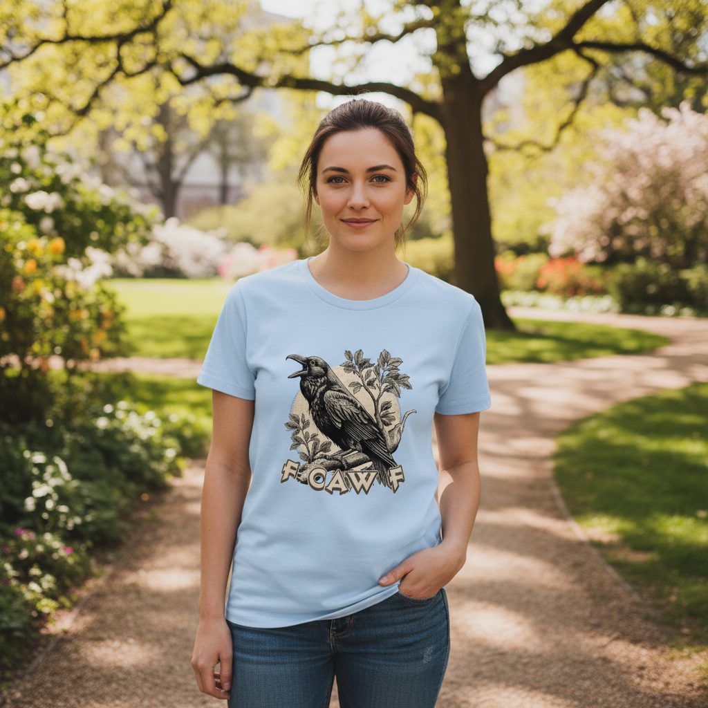 woman stood in a park setting wearing a light blue t-shirt with the graphic of a crow and the text 'Fcawf'