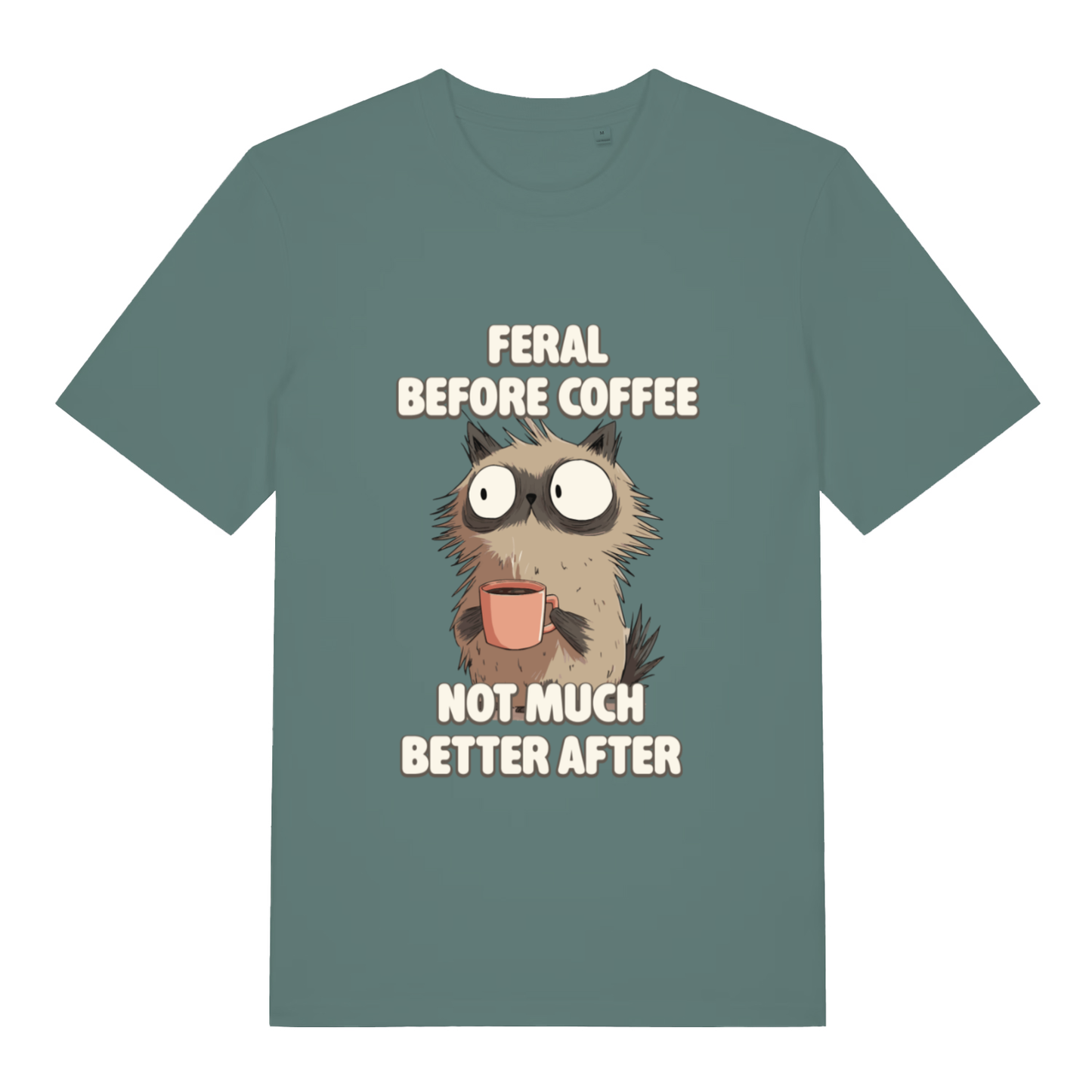 Green Bay women's Feral Before Coffee T-shirt flat lay displaying chaotic cat before coffee artwork