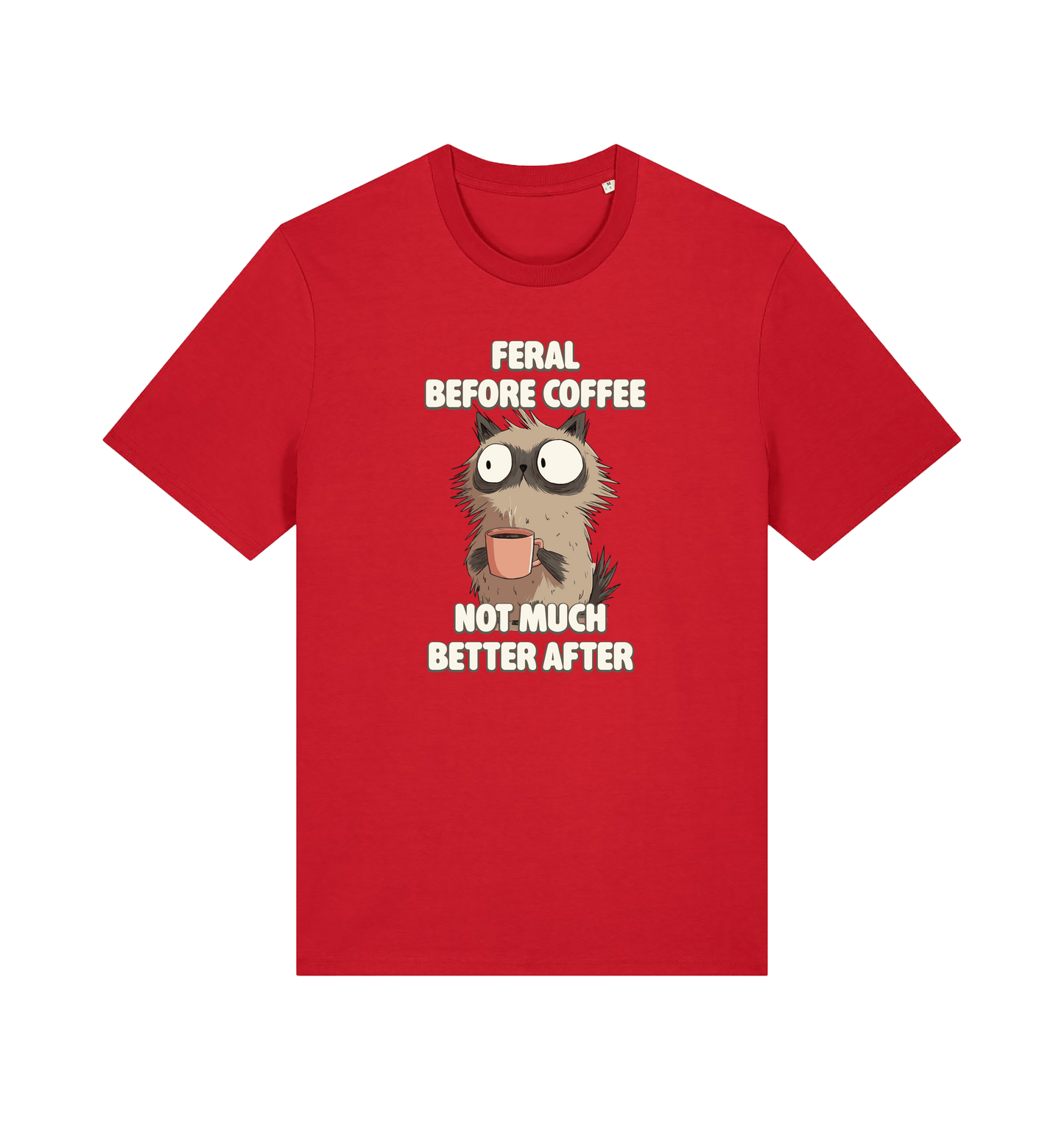 red funny animal t-shirt with the graphic of a cartoon cat and the slogan 'feral before coffee, not much better after'