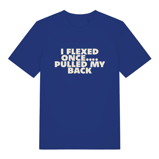 blue sarcastic t-shirt with the slogan 'i flexed once, pulled my back'