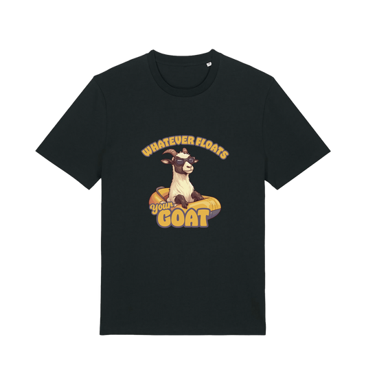black animal t-shirt with the graphic of a cartoon goat and the slogan 'whatever floats your goat'