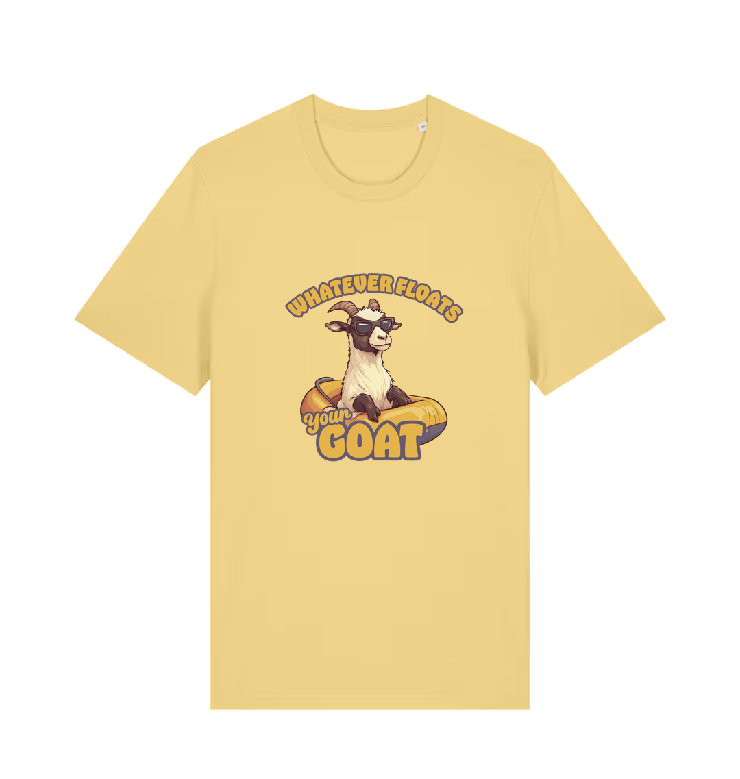 yellow animal t-shirt with the graphic of a cartoon goat and the slogan 'whatever floats your goat'