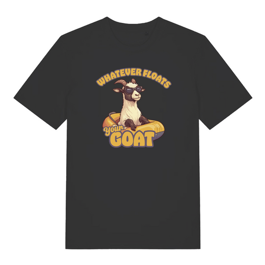 black women's funny animal t-shirt with the graphic of a goat in a dinghy and the slogan 'whatever floats your goat'