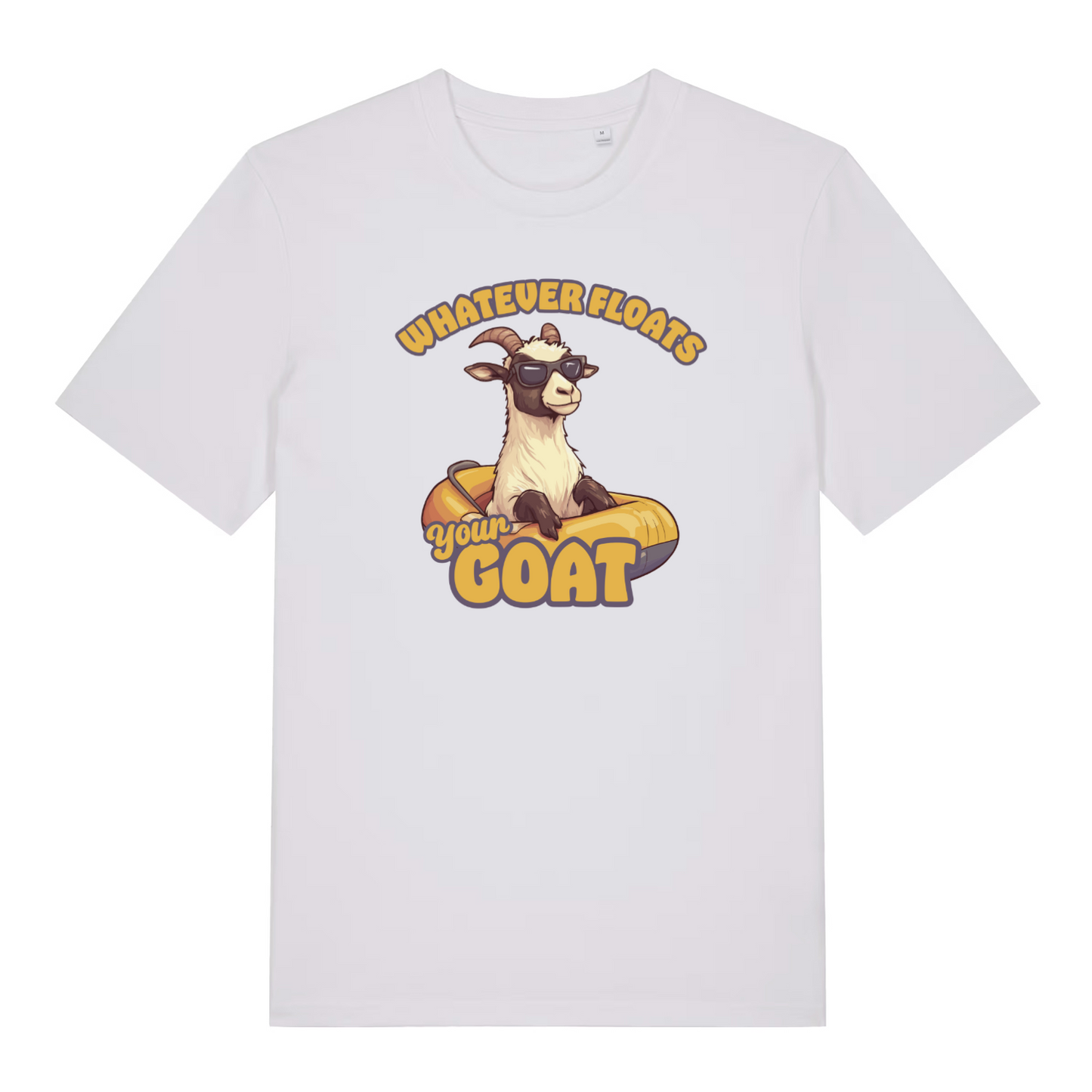 white women's funny animal t-shirt with the graphic of a goat in a dinghy and the slogan 'whatever floats your goat'