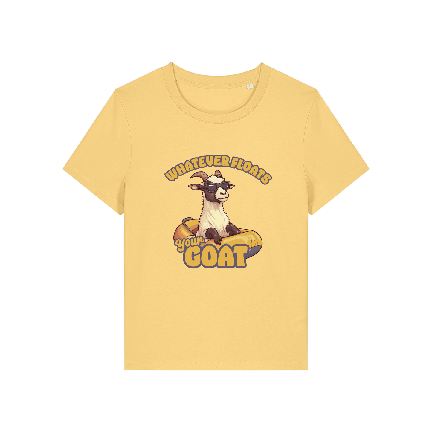 yellow funny animal t-shirt with the graphic of a goat in a dinghy and the slogan 'whatever floats your goat'