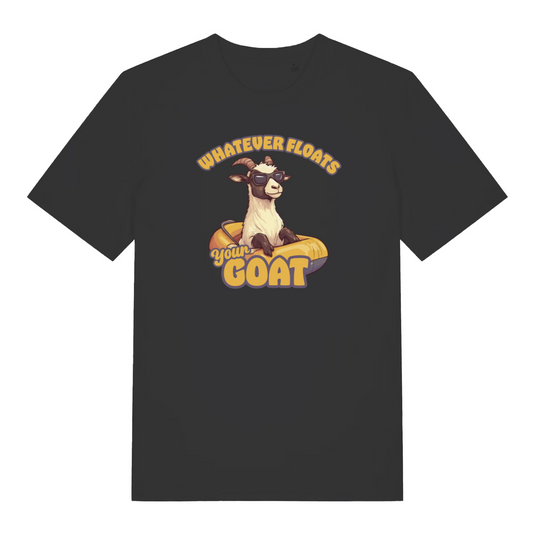black funny animal t-shirt with the graphic of a goat in a dinghy and the slogan 'whatever floats your goat'
